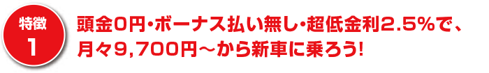 頭金０円・ボーナス払い無し・超低金利2.5％で、月々9,700円～から新車に乗ろう！